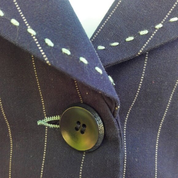 Nanette Lepore Blue Cotton Blazer Coat Pin Stripe Fitted White Top Stitching USA - Picture 3 of 7